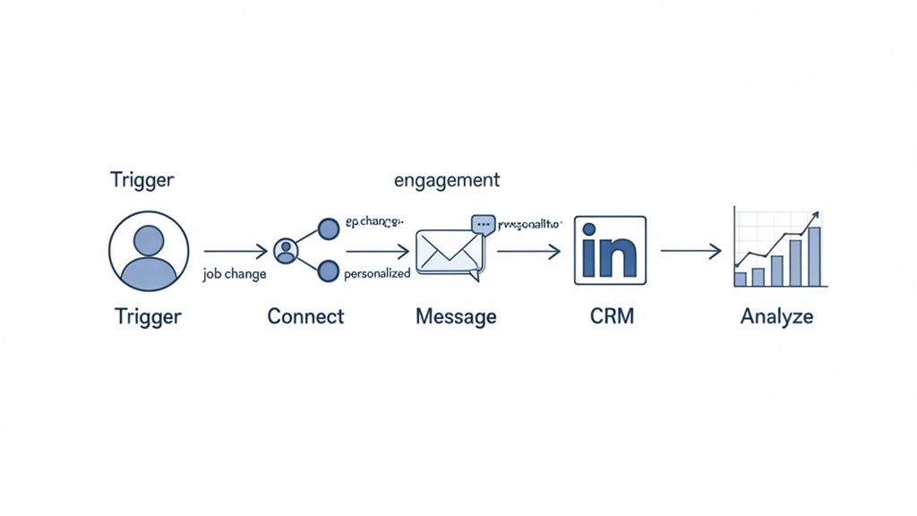 A detailed process map showing LinkedIn automation steps: trigger (job change), connect, personalized message, CRM, and analyze.