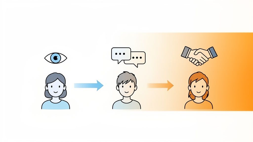 A three-step diagram showing a woman observing, a man communicating, and another woman shaking hands.