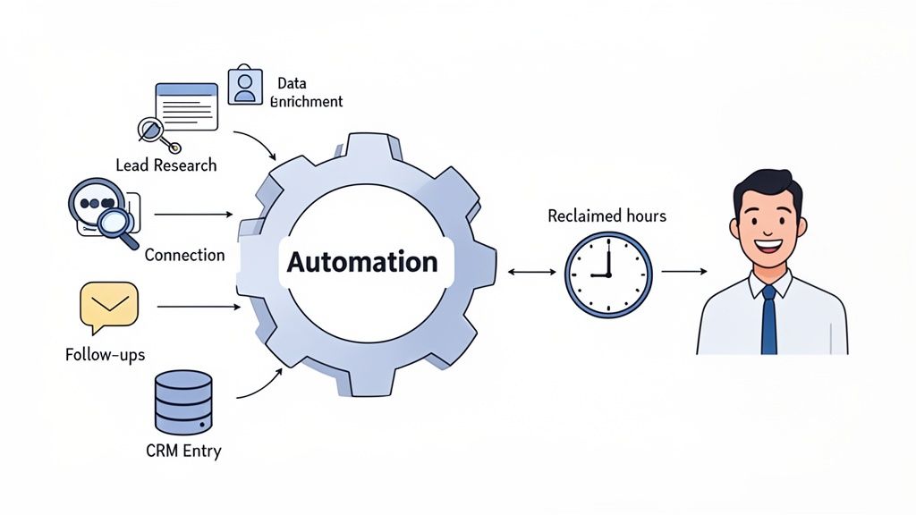 Automation streamlines lead generation, data enrichment, and sales tasks, leading to reclaimed hours and increased productivity for a person.