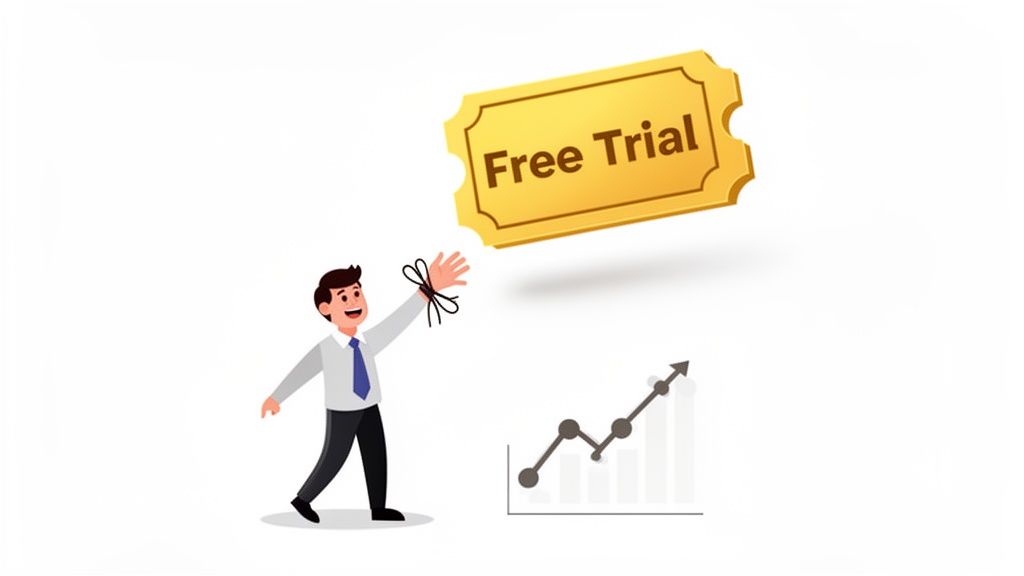 Smiling businessman reaching for a golden 'Free Trial' ticket next to an upward trend graph.