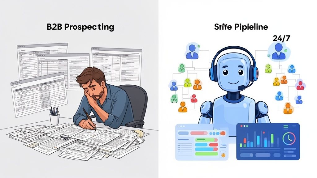 A man struggles with manual B2B prospecting papers, while an AI robot efficiently manages a sales pipeline 24/7.