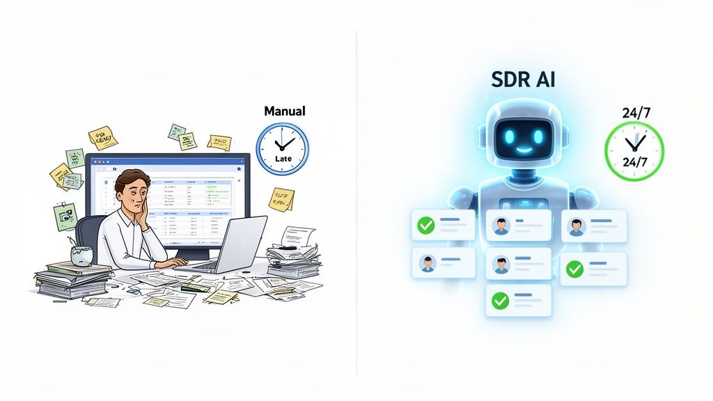 A visual comparison contrasting manual, inefficient human sales work with efficient SDR AI robot automation.