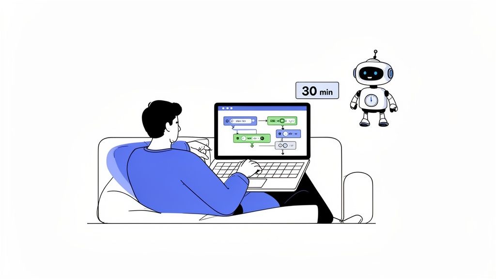 A person programs an AI robot on a laptop, displaying a visual workflow and 30-minute setup.