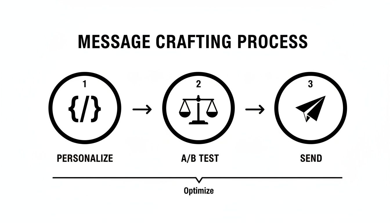 A diagram illustrating the message crafting process: Personalize, A/B Test, and Send, with Optimize.