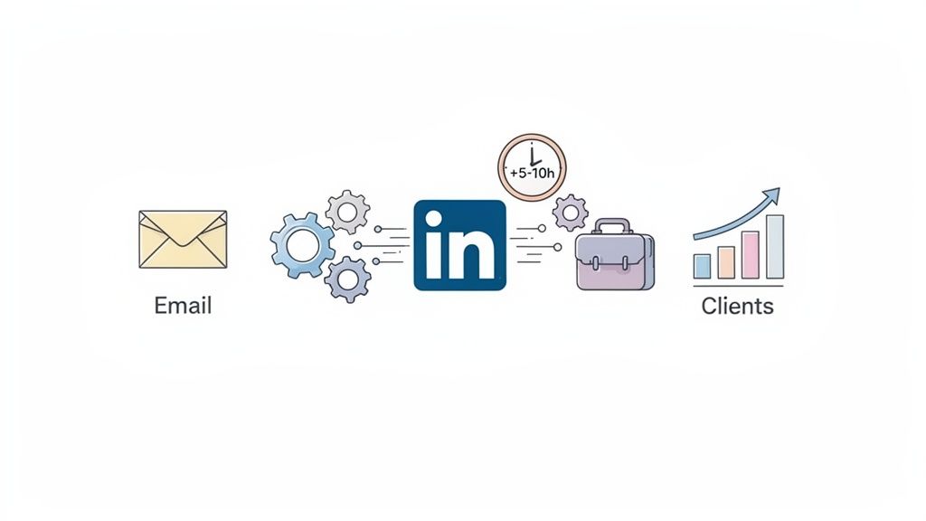 An illustration showing an email workflow through LinkedIn, involving time investment, leading to client growth.
