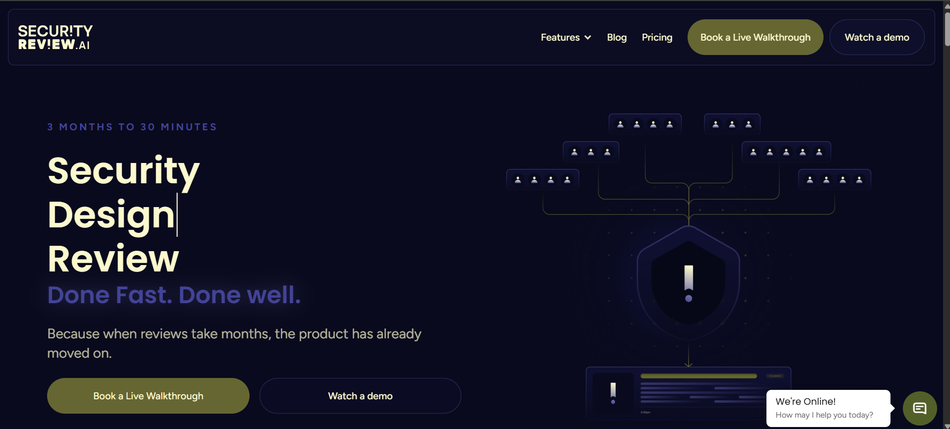 SecurityReview.AI homepage showcasing fast security design reviews.