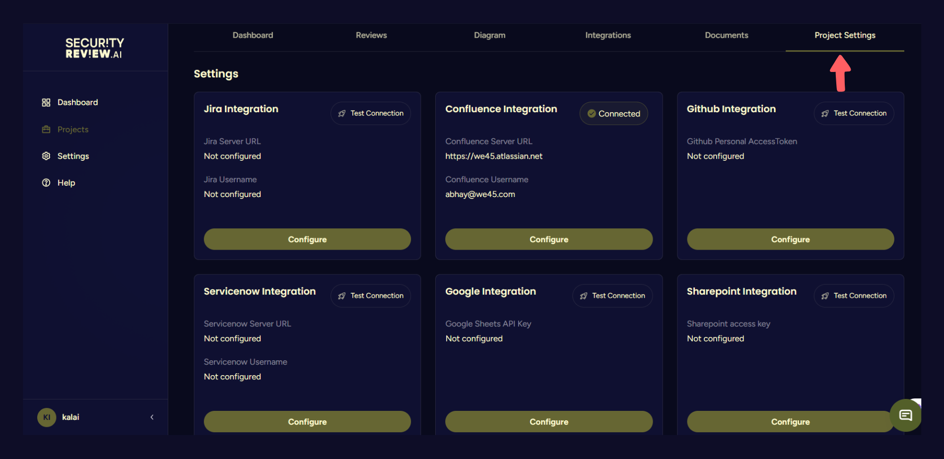  Project settings interface with multiple tool integration panels.