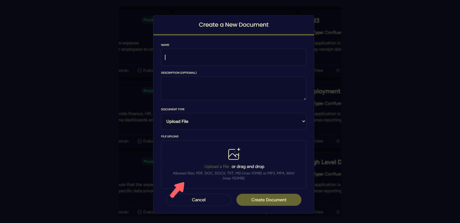 Create a new document upload form with fields for name, description, document type, and file upload