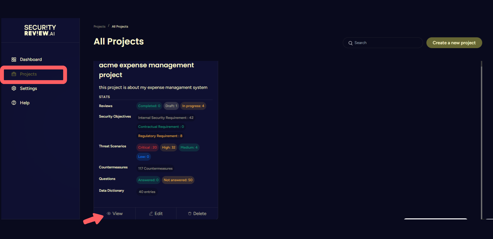 SecurityReview.ai dashboard with project list and view option highlighted