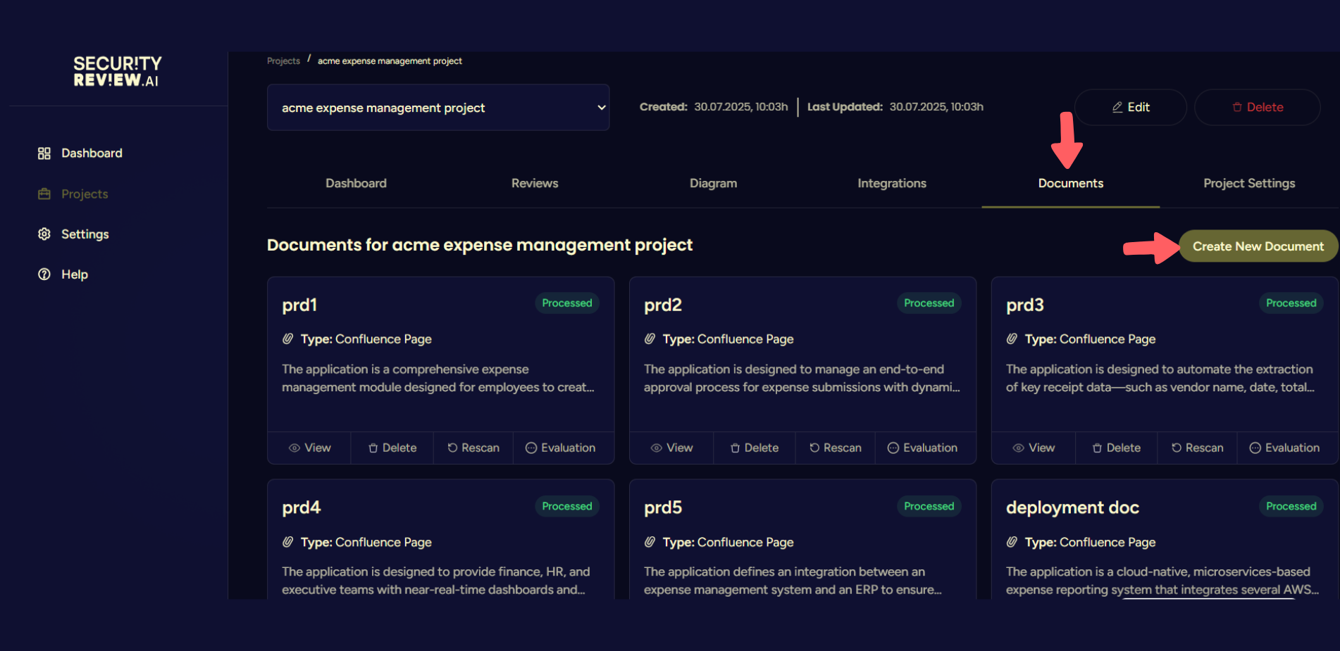 Documents tab of an expense management project with a button to create a new document.