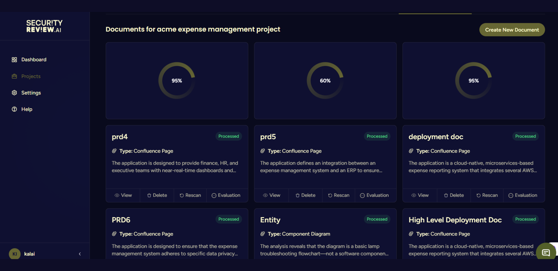 Document dashboard showing analysis progress 