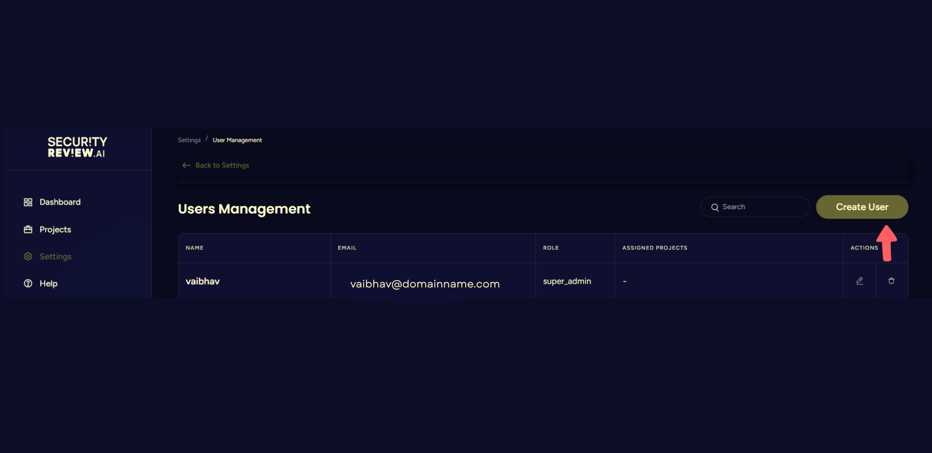 User Management screen displaying a list of users with roles and emails, featuring a highlighted 'Create User' button for adding new users