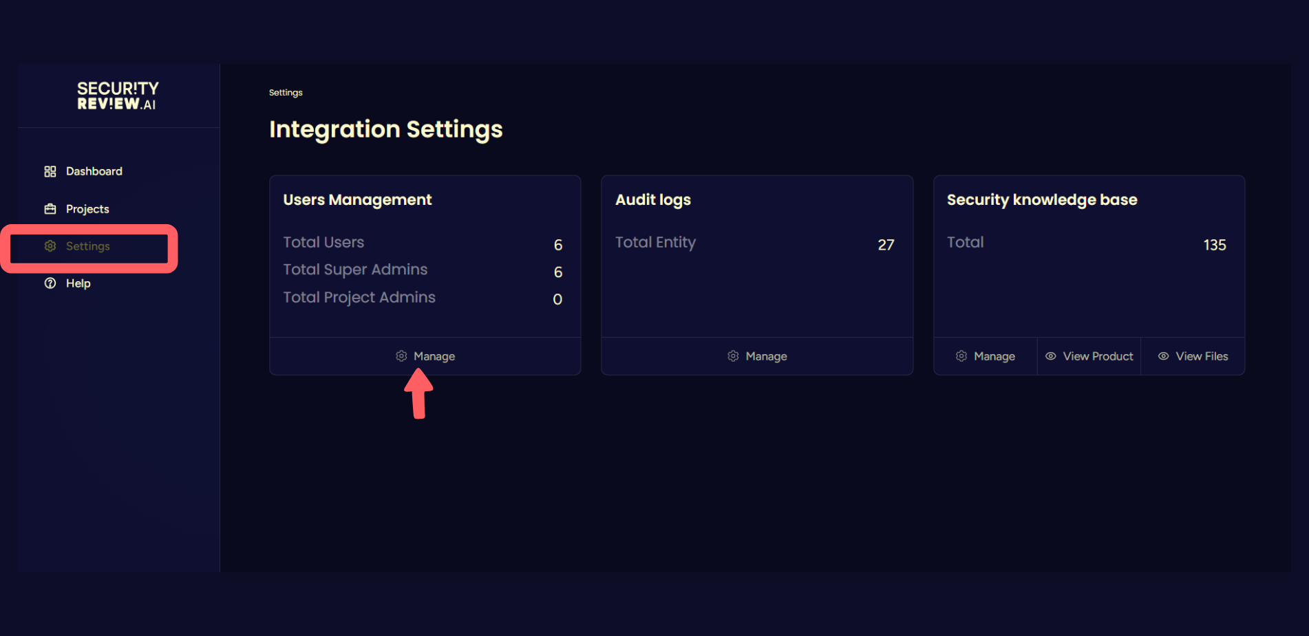 User Management panel in Integration Settings showing total users, super admins, and project admins with a highlighted 'Manage' button for creating or managing users.