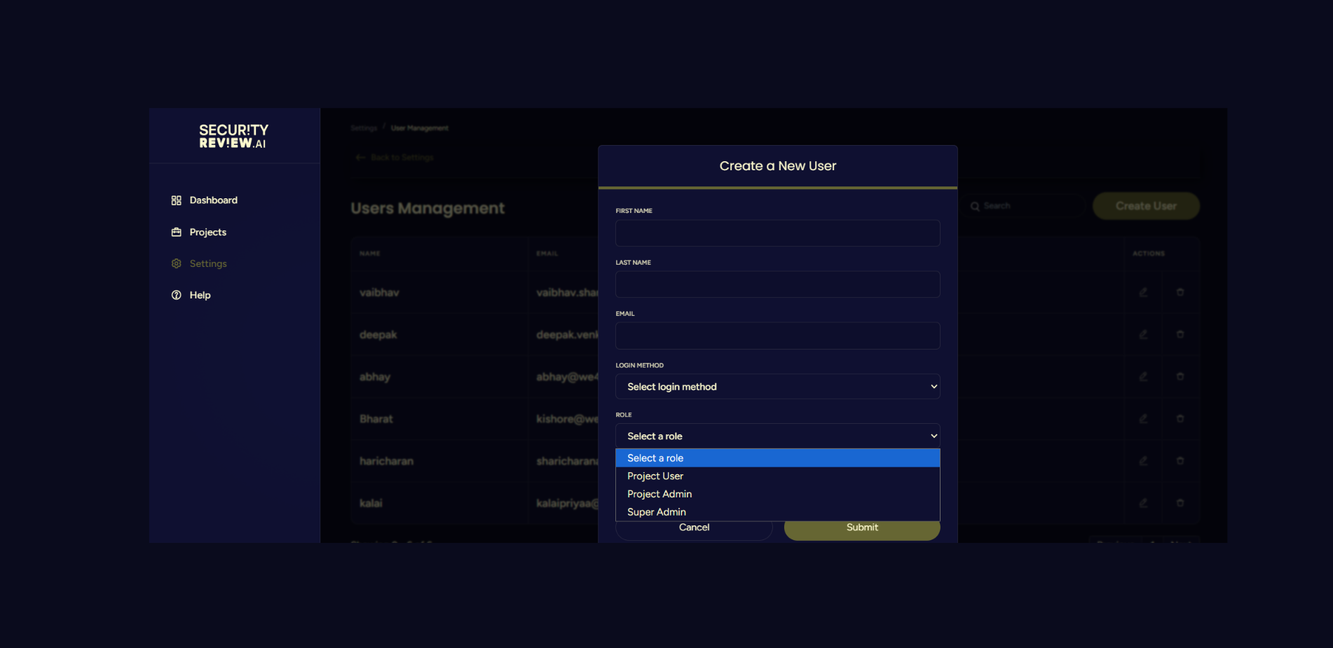 User creation form with role selection dropdown.