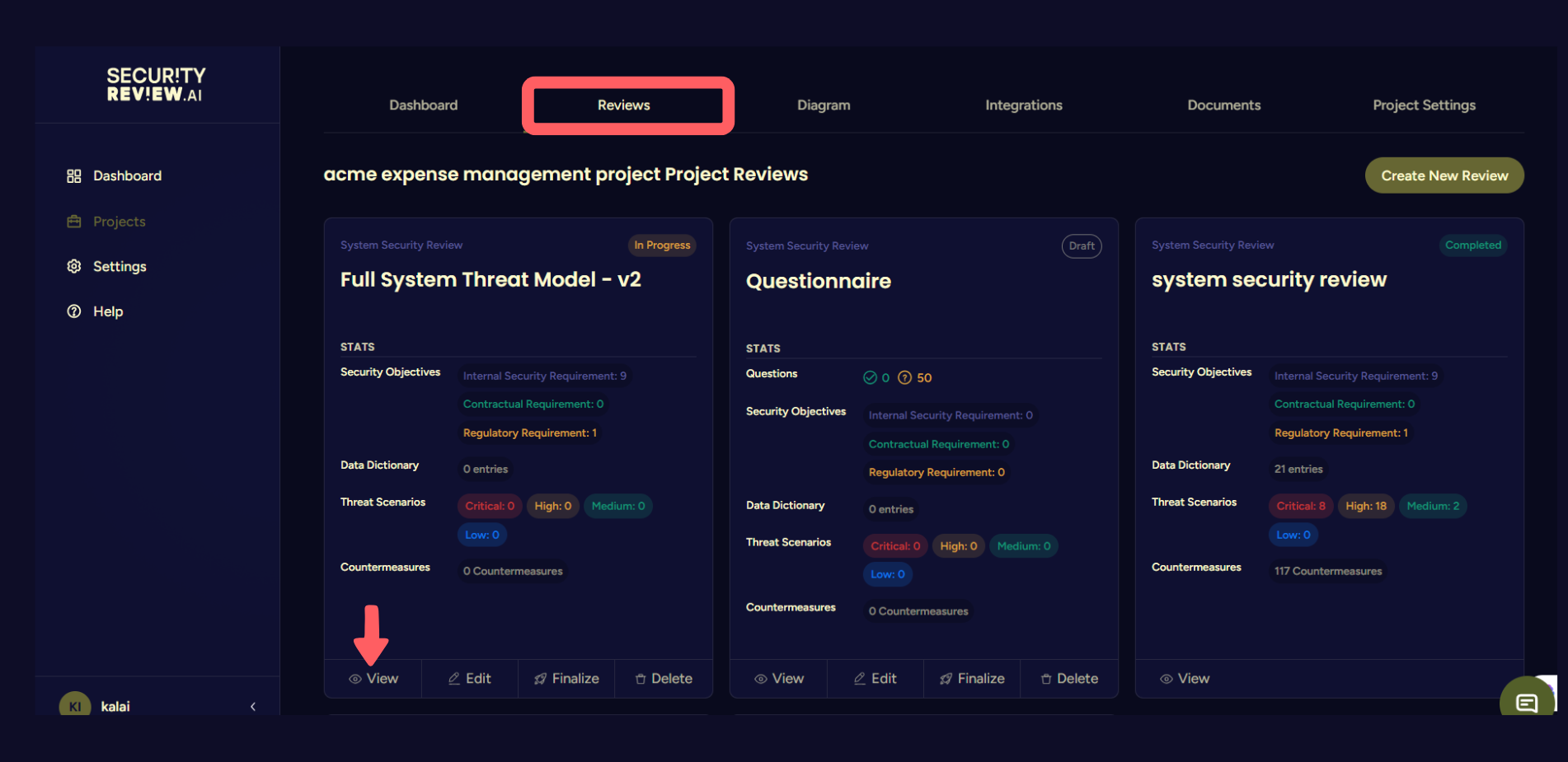 SecurityReview.AI Reviews tab showing multiple system review cards with status and action buttons.
