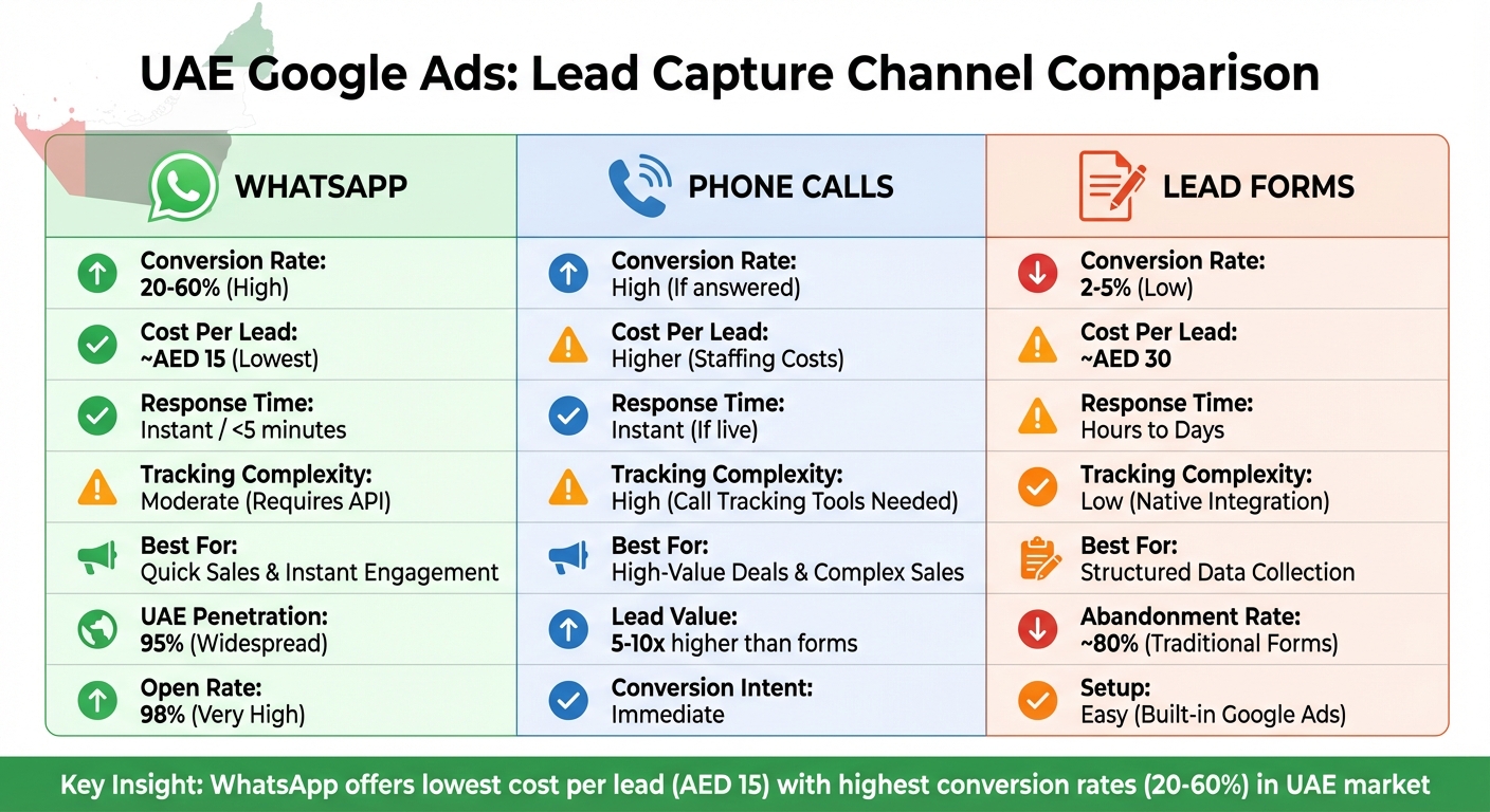 WhatsApp vs Phone Calls vs Lead Forms for UAE Google Ads: Conversion Rates, Costs & Performance Comparison