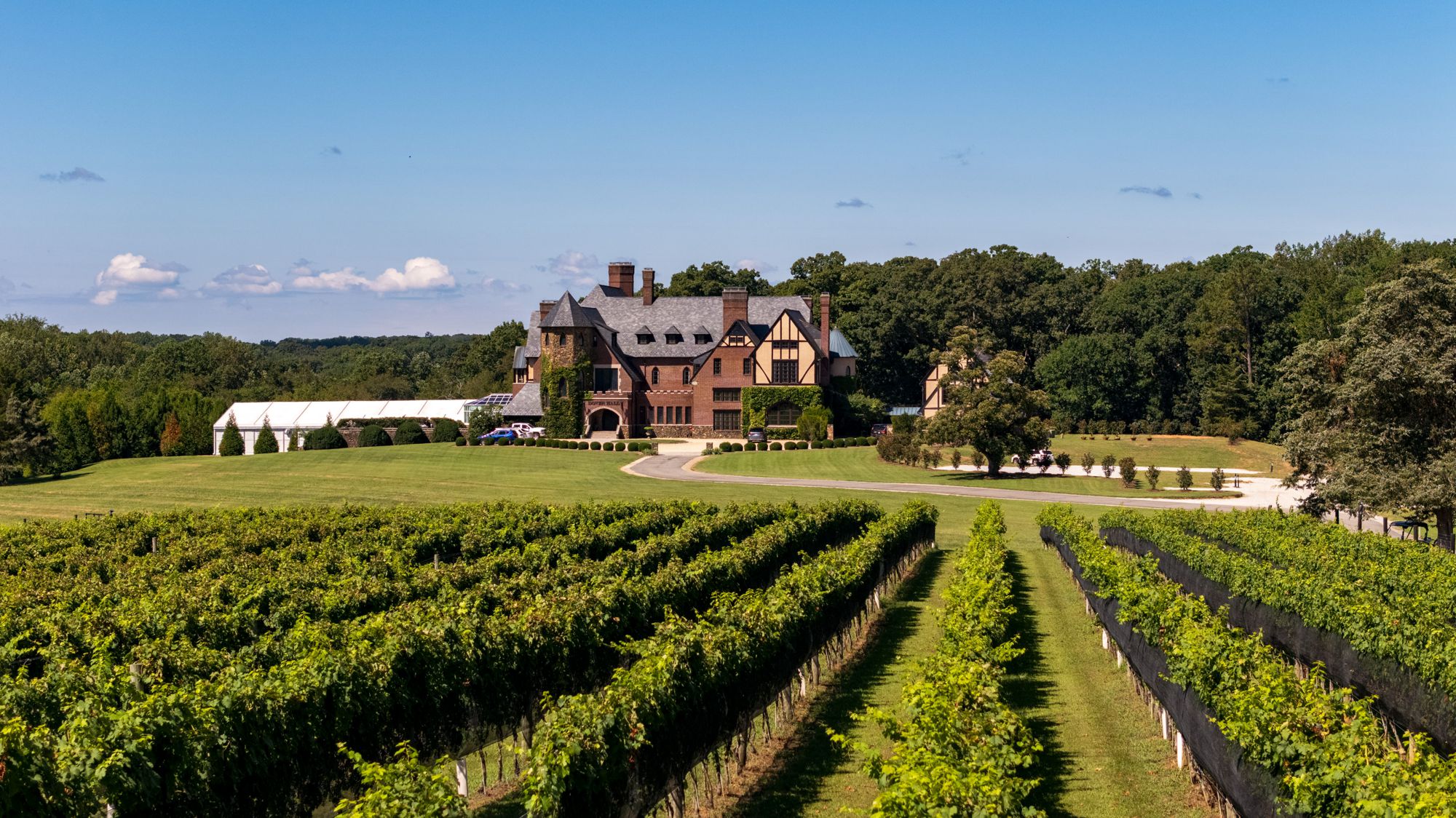 view of Dover Hall estate and gardens showing the luxury castle wedding venue in Richmond Virginia
