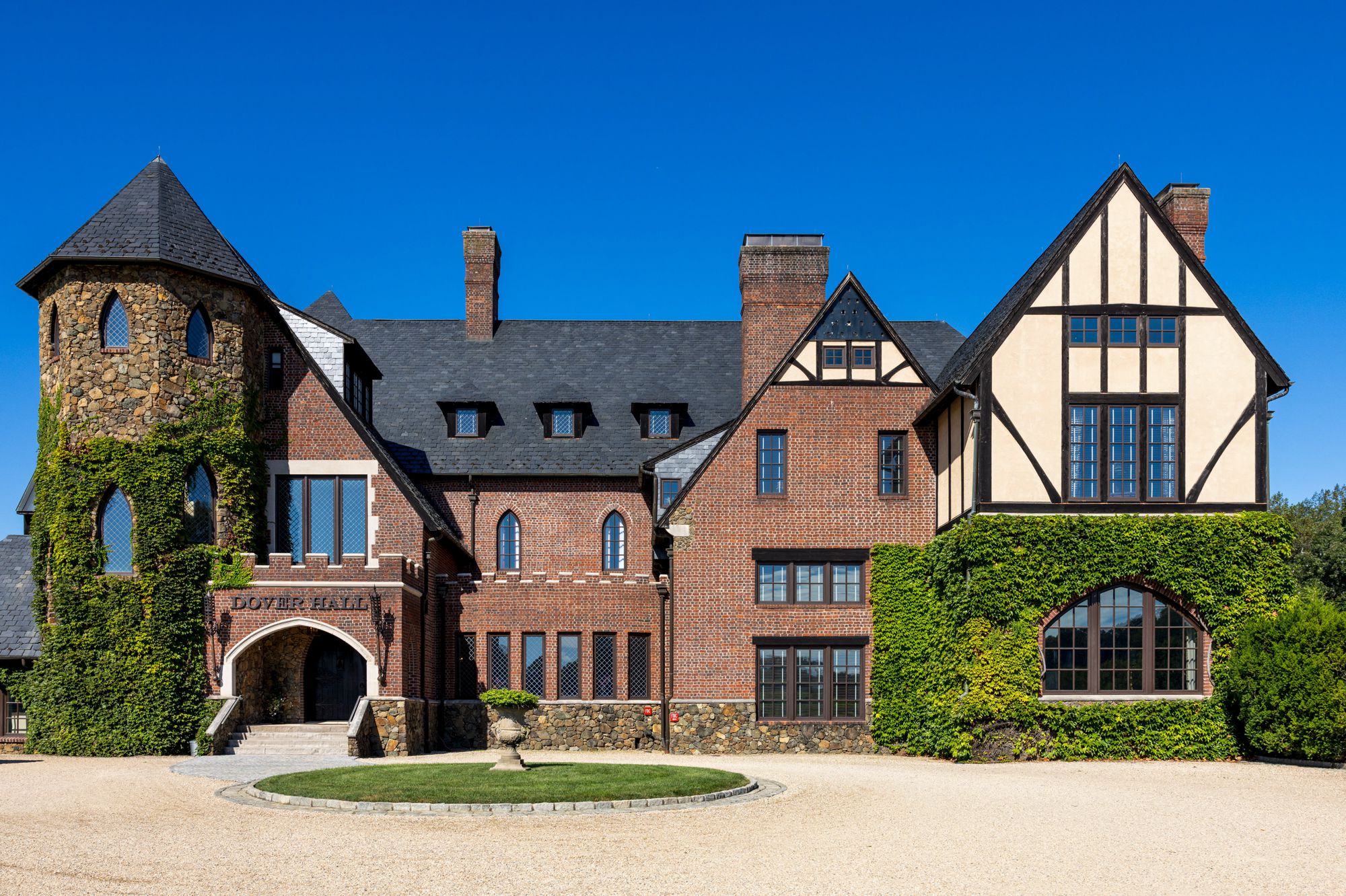 Outer view of Dover Hall Estate showcasing the English Tudor style of the castle inspired wedding venue