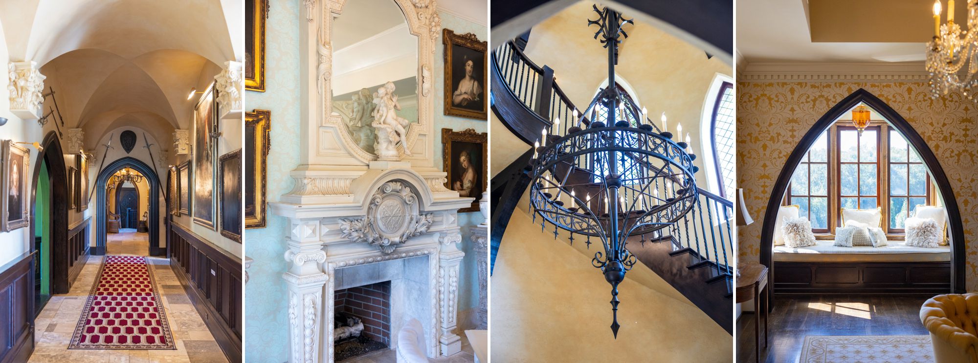 Hallway with vaulted ceilings, swords, intricate marble details, marble fireplace with classical influences, wrought iron chandelier, sunlit window seat with gothic archway, victorian wallpaper, spiral staircase