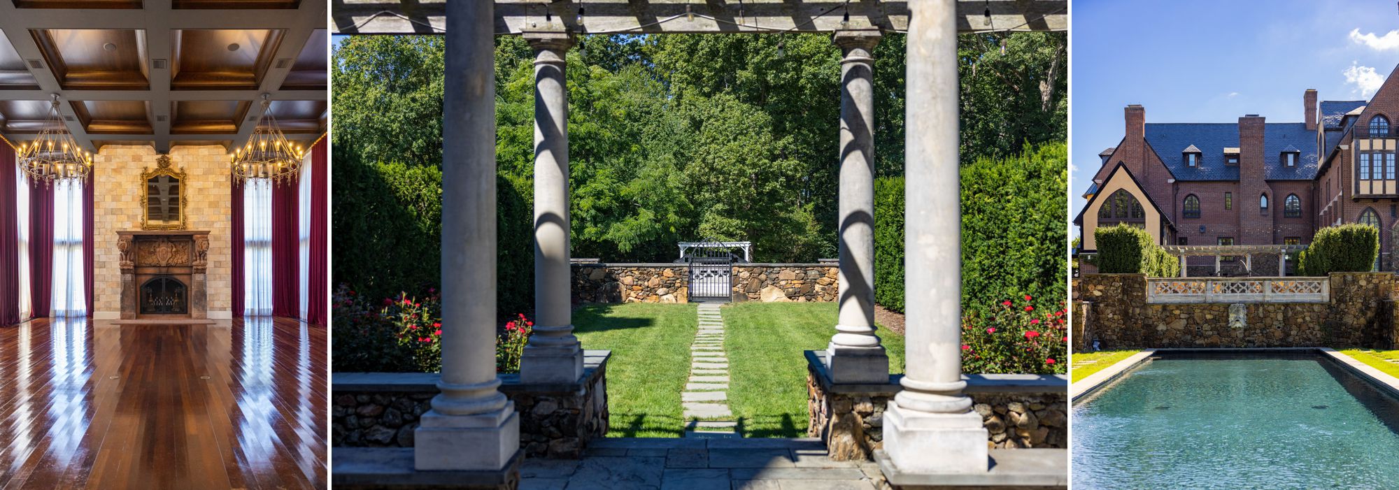 Dover Hall's Grand Ballroom Interior, Dover Hall's rose garden with columns, Dover Hall's reflective pool wit views of the castle