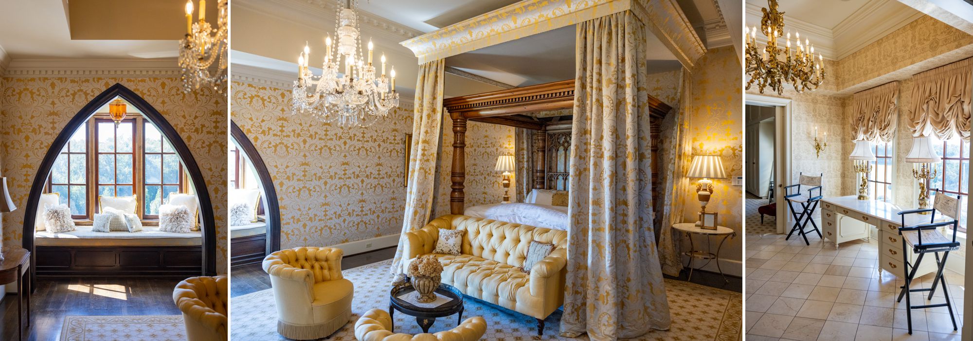 Dover Hall's Queen Elizabeth Suite, canopy bed, vanity, gothic arched window seat