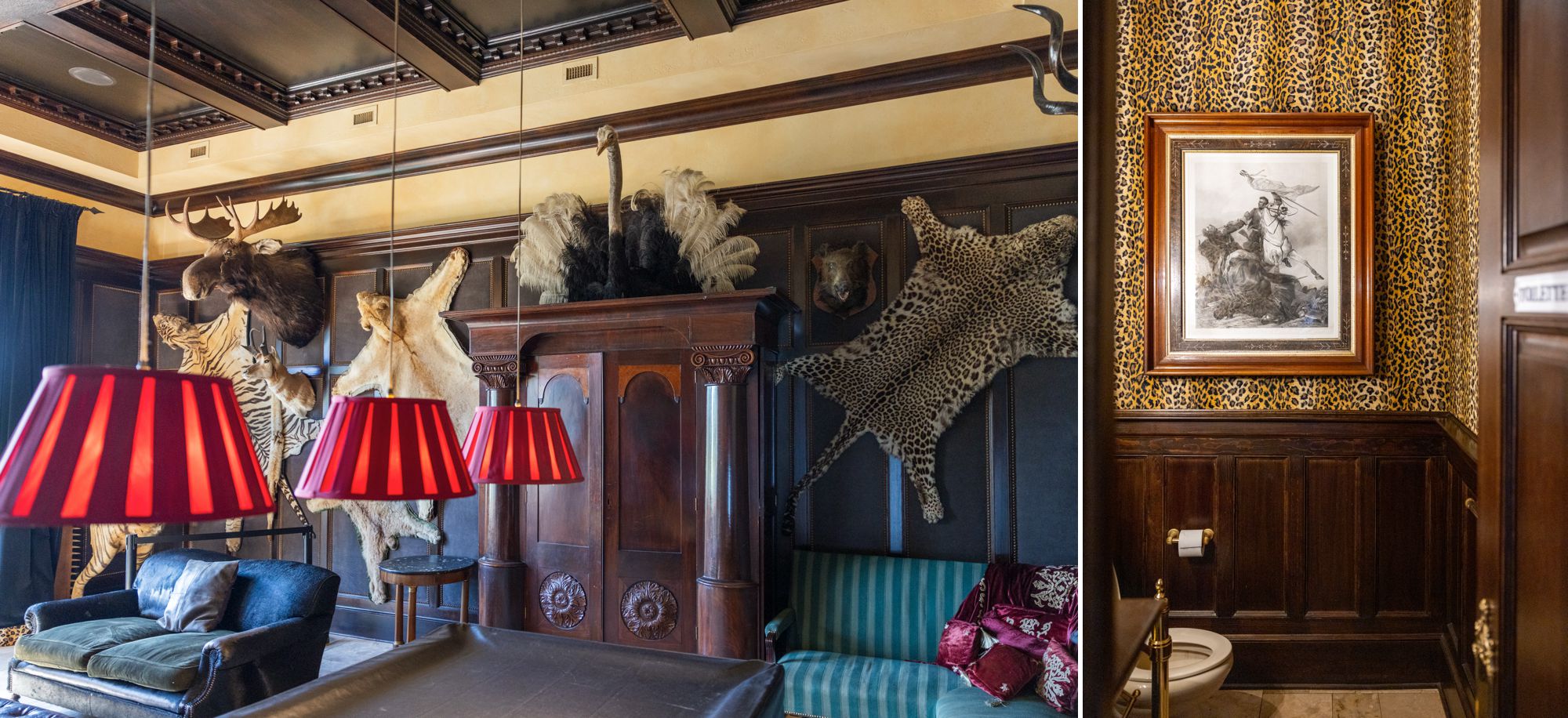Dover Hall's Billiards Room, taxidermy mounts, animal print wallpaper