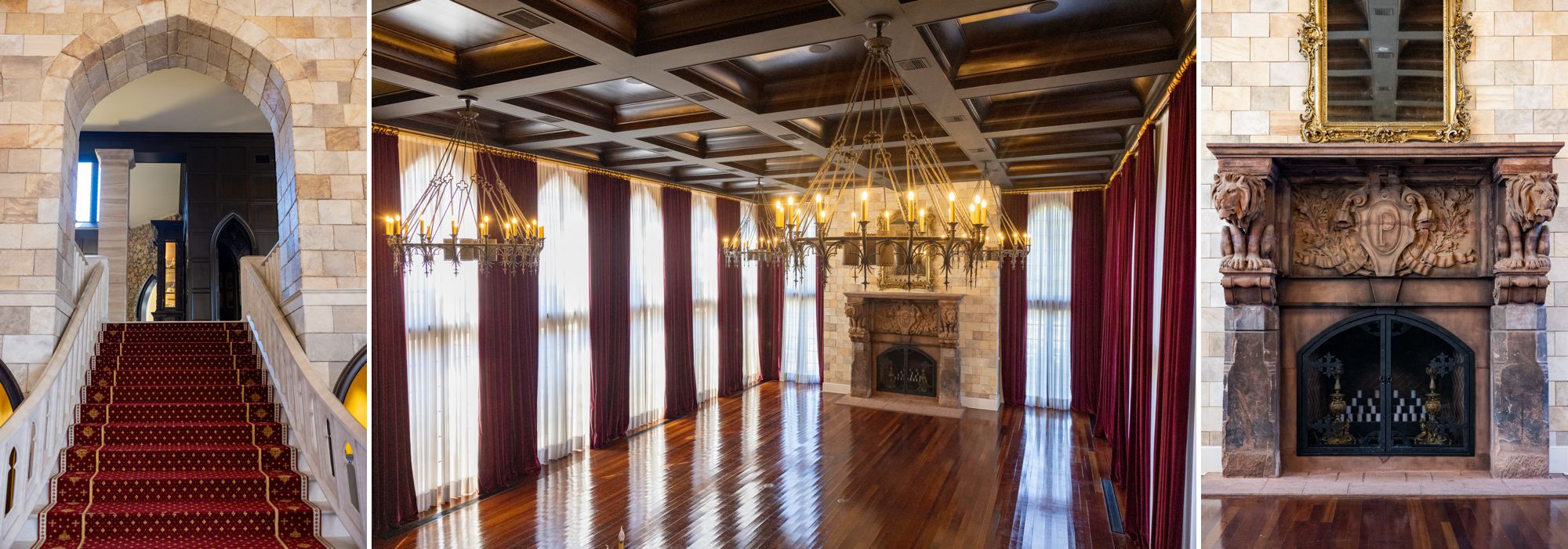 Dover Hall's Grand Ballroom, wrought iron chandeliers, lion sculptures, sandstone fireplace, indoor and outdoor wedding space