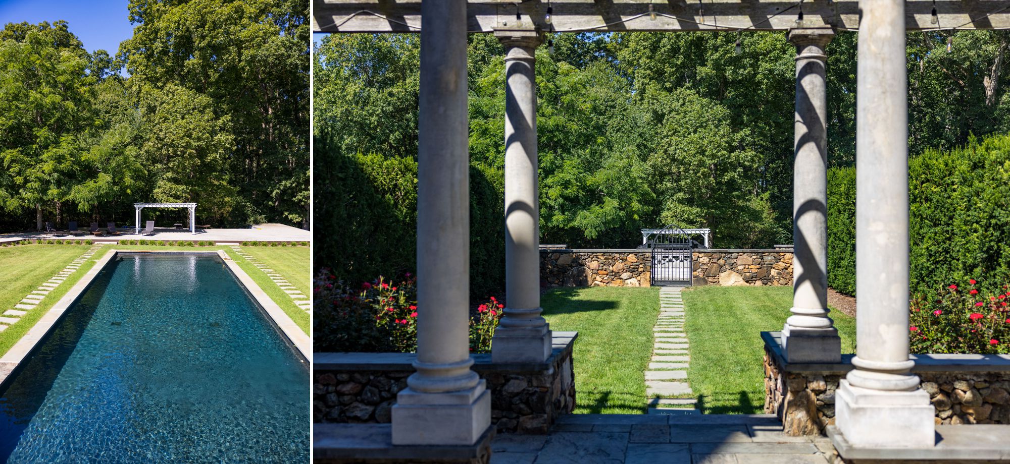 Dover Hall's outdoor ceremony locations, garden party style receptions, rose garden, reflecting pool, outdoor wedding ceremony