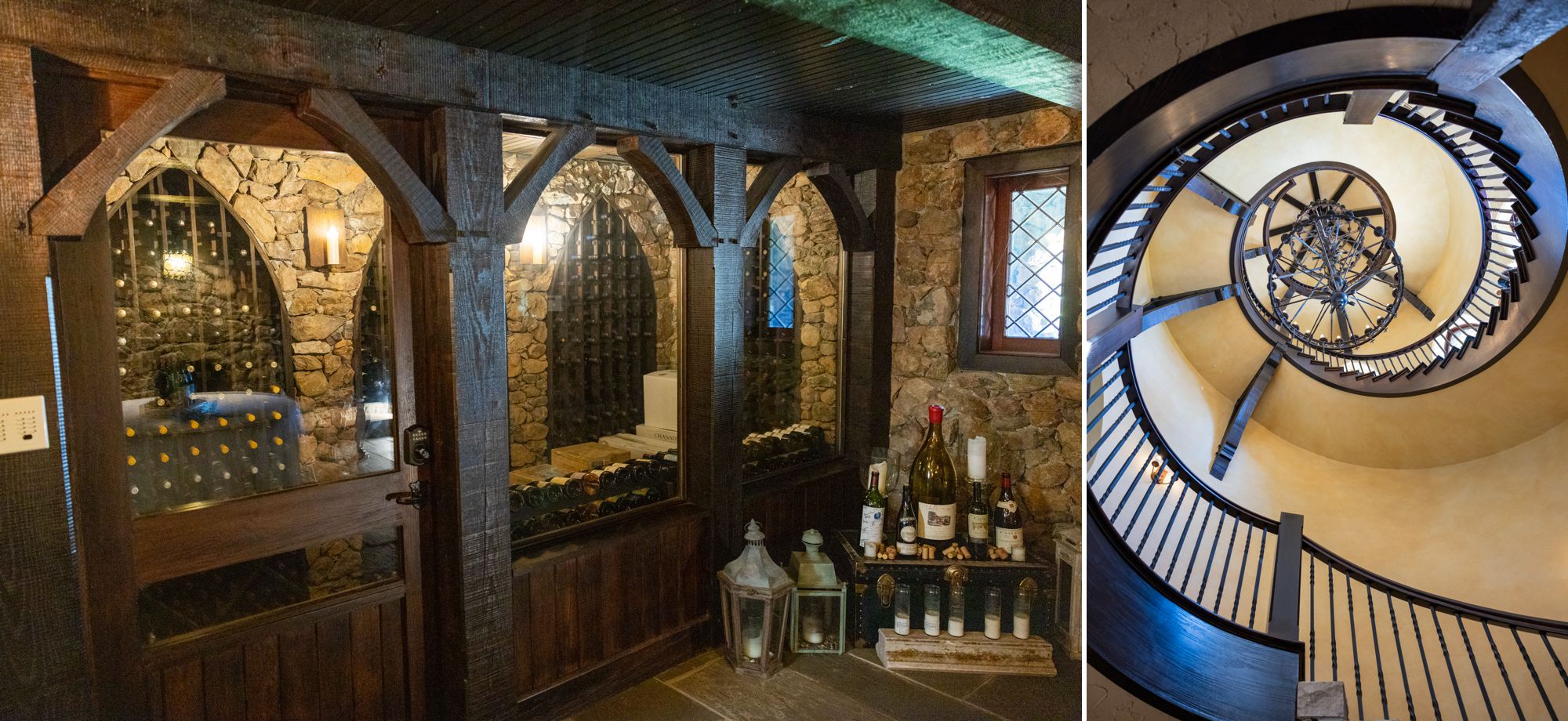 Dover Hall's wine cellar, spiral staircase, wrought iron chandelier, 7 lady vineyards