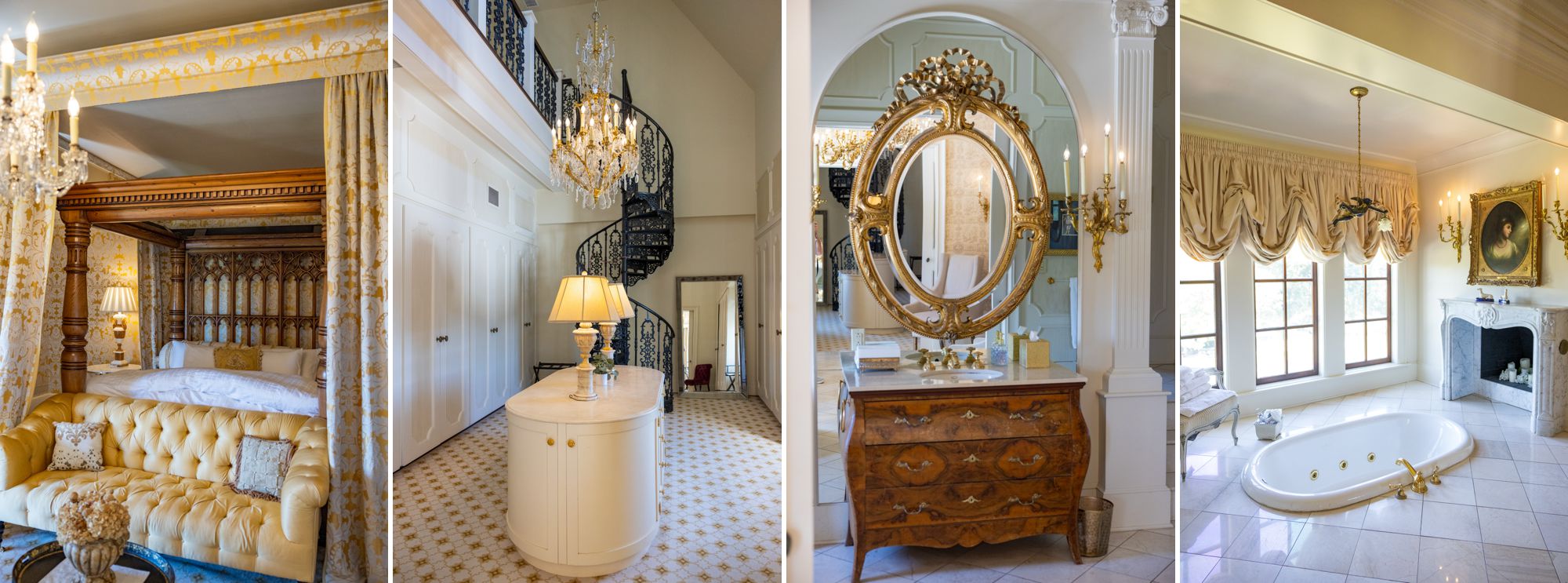 Details from Dover Halls Queen Elizabeth Suite, gold mirrors, crystal chandeliers, canopy bed
