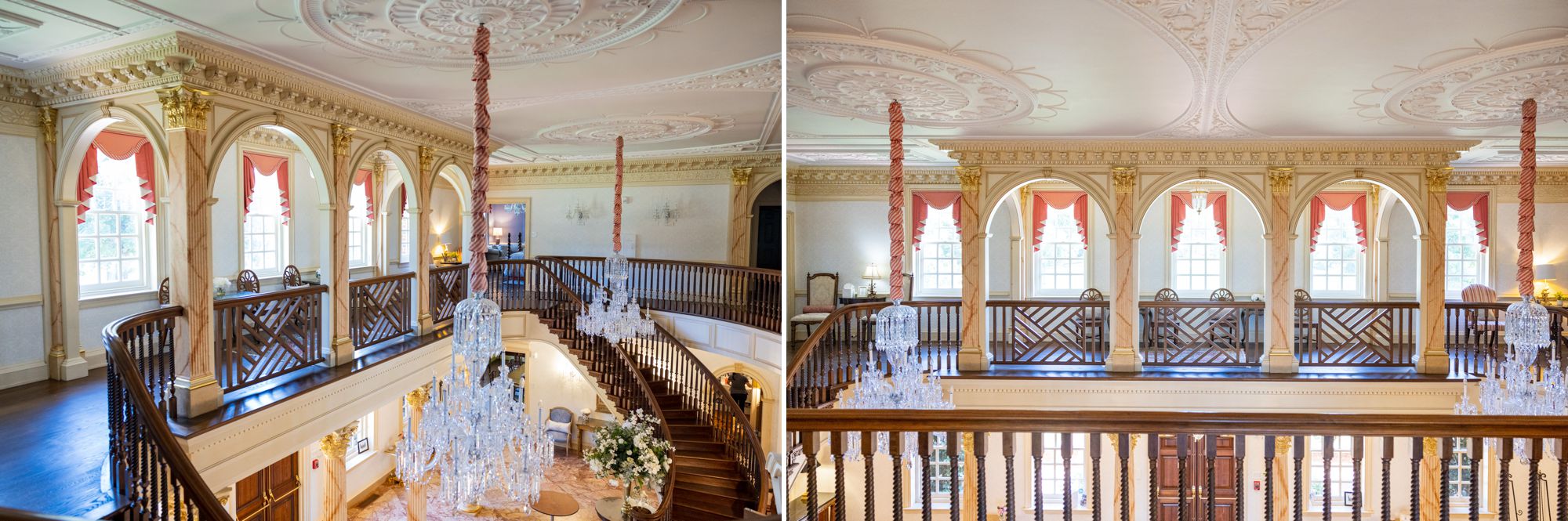 The Marble Foyer at the Estate at River Run complete with twin curved staircases, a balcony, Waterford-style chandeliers, and gold leaf Corinthian style columns