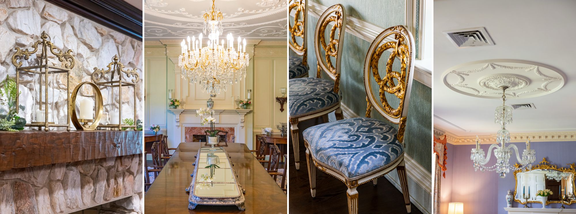 Details throughout the different rooms at the Estate at River Run from the Tuscan Ballroom, the Dining Room, the Wedgewood Ballroom, and the guest suites