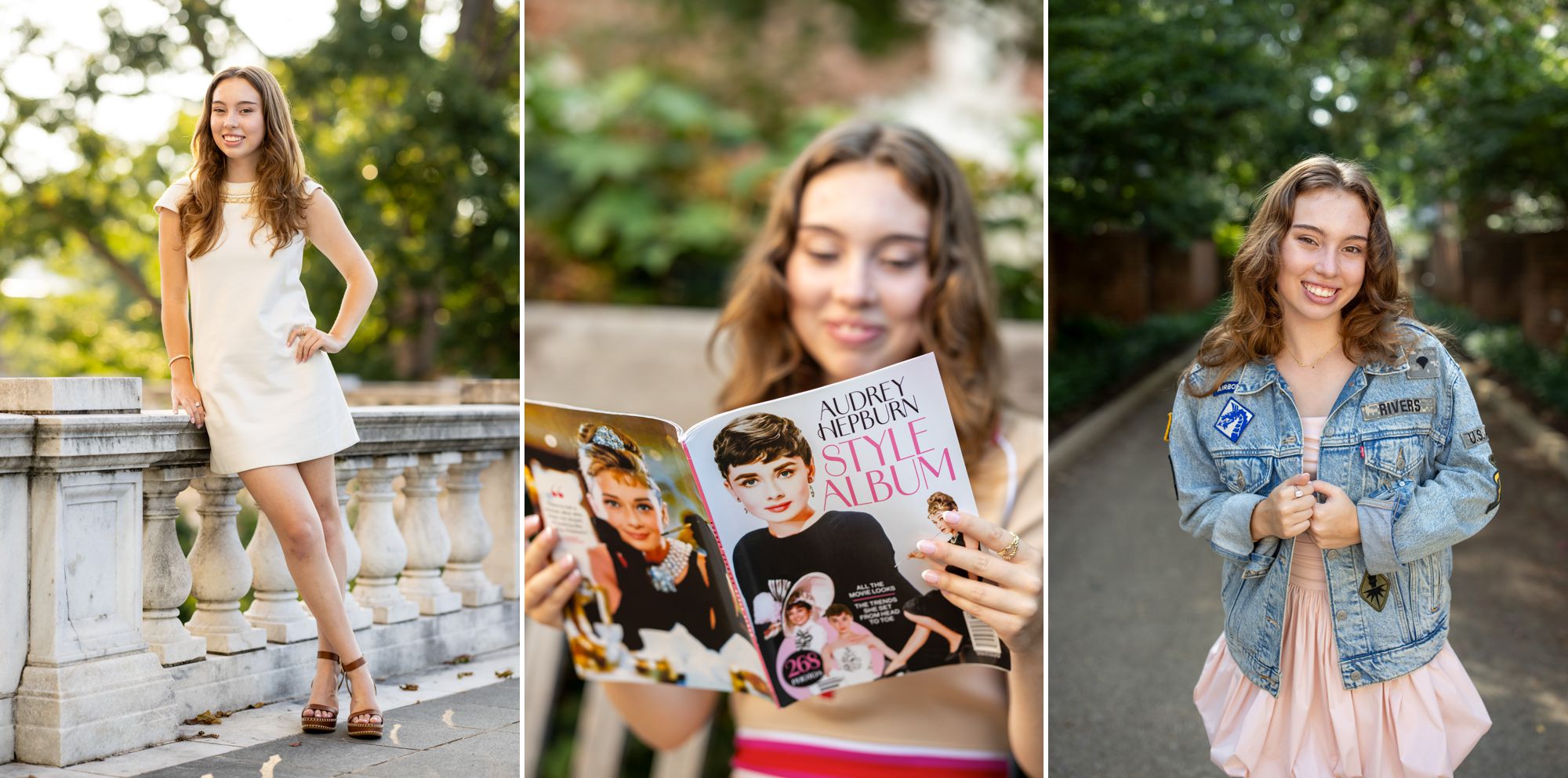A high school senior including extra props and outfit switches in her senior portrait session to showcase her love for fashion 