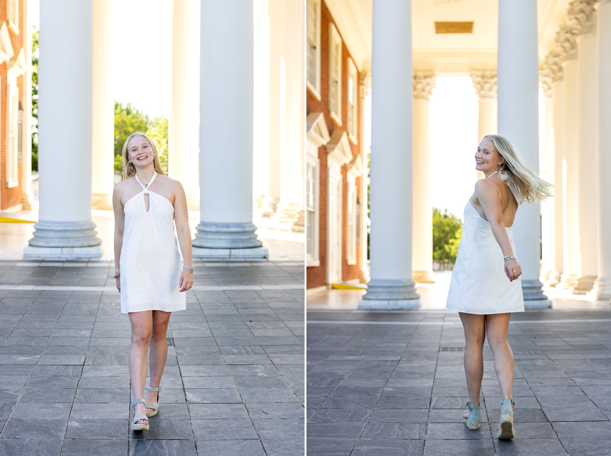 High school senior walking through the columns at the Rotunda at UVA in Charlottesville, Virginia