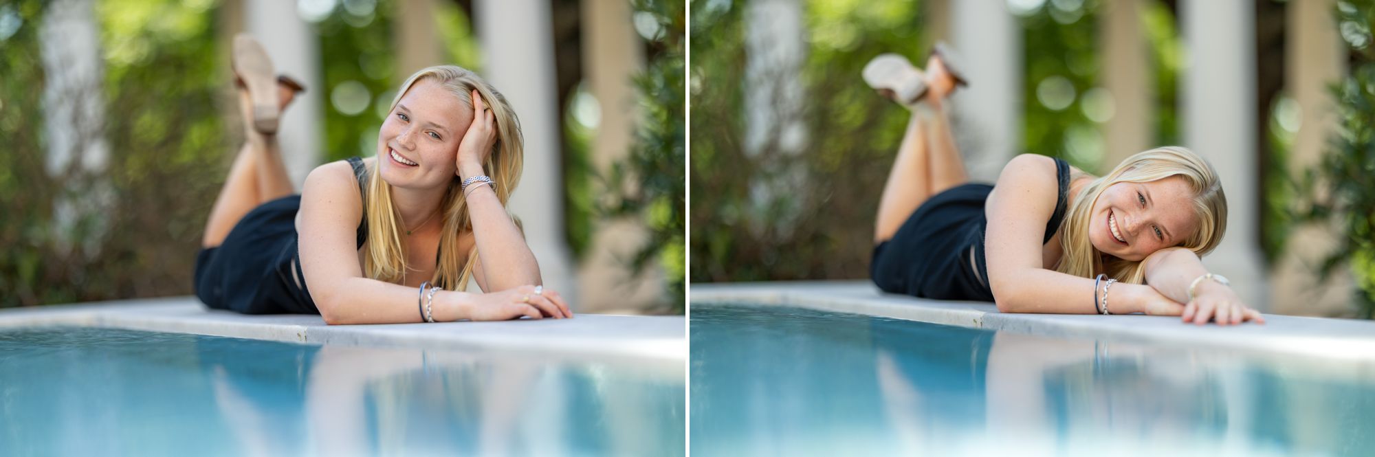 High School senior girl lying on the reflection pool at UVA in Charlottesville Virginia