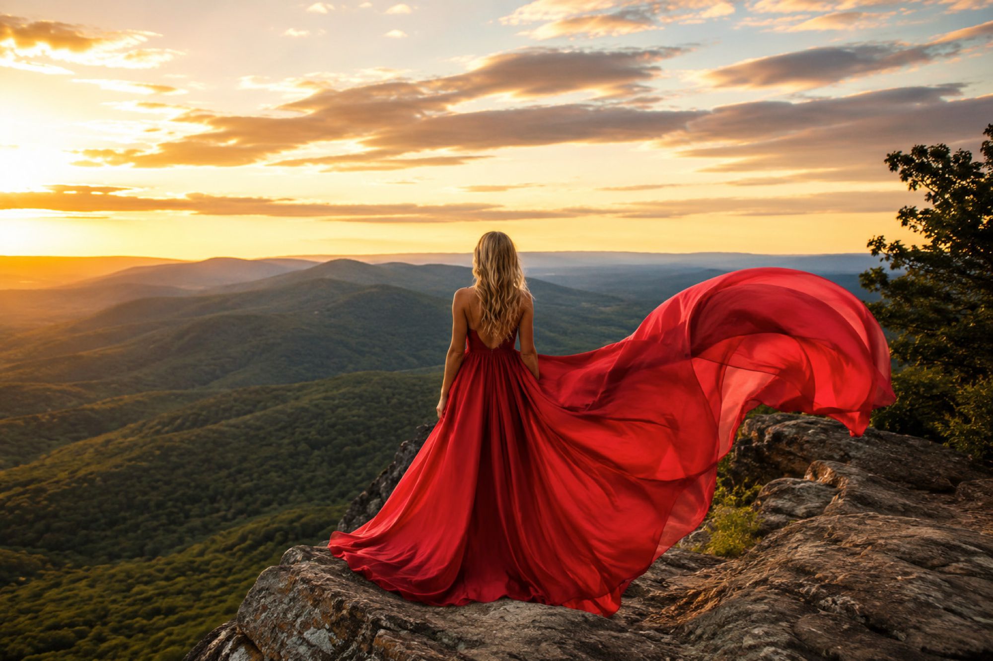 Senior picture concept of girl wearing a red flying dress overlooking the Blue Ridge Mountains at Raven's Roost Overlook Charlottesville, Virginia