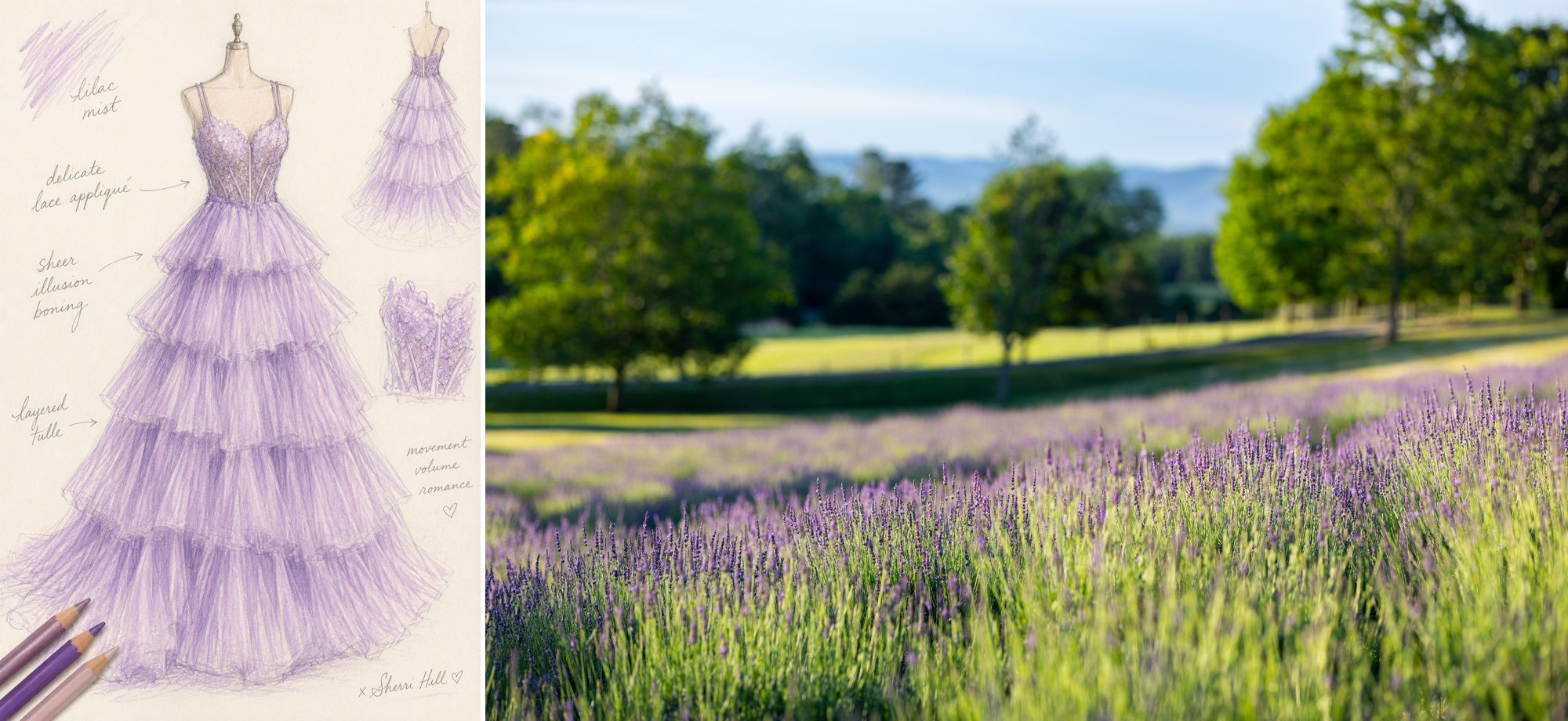 Fashion sketch of a purple tulle layered dress in lavender field for senior pictures Charlottesville, Virginia