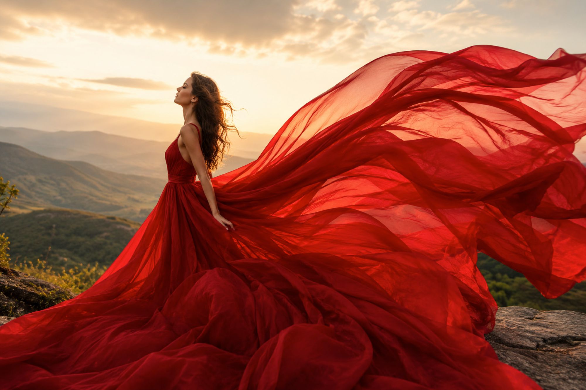 Senior portrait concept red flying dress over the Blue Ridge Mountains at Raven's Roost Overlook at Sunset Charlottesville, Virginia