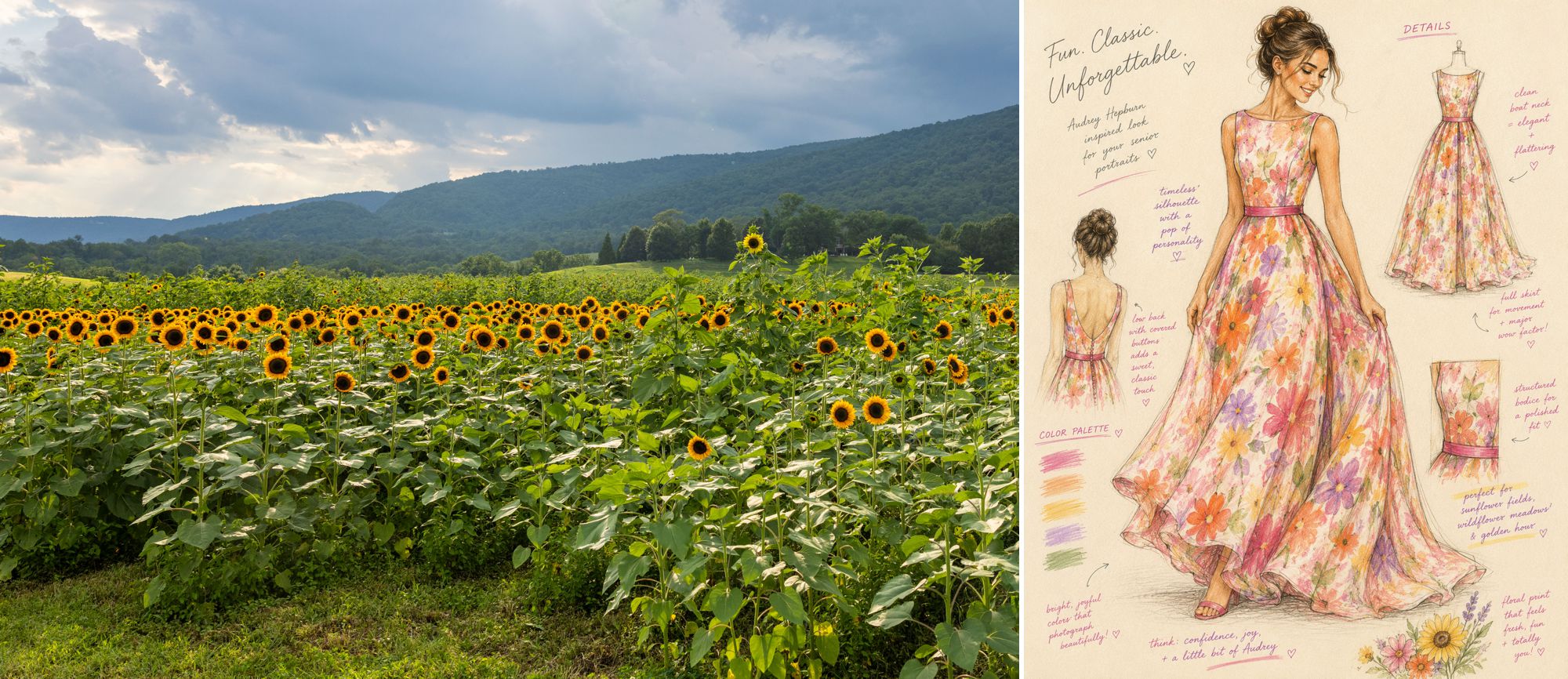 Floral dress fashion sketch for senior pictures in a sunflower field Charlottesville Virginia