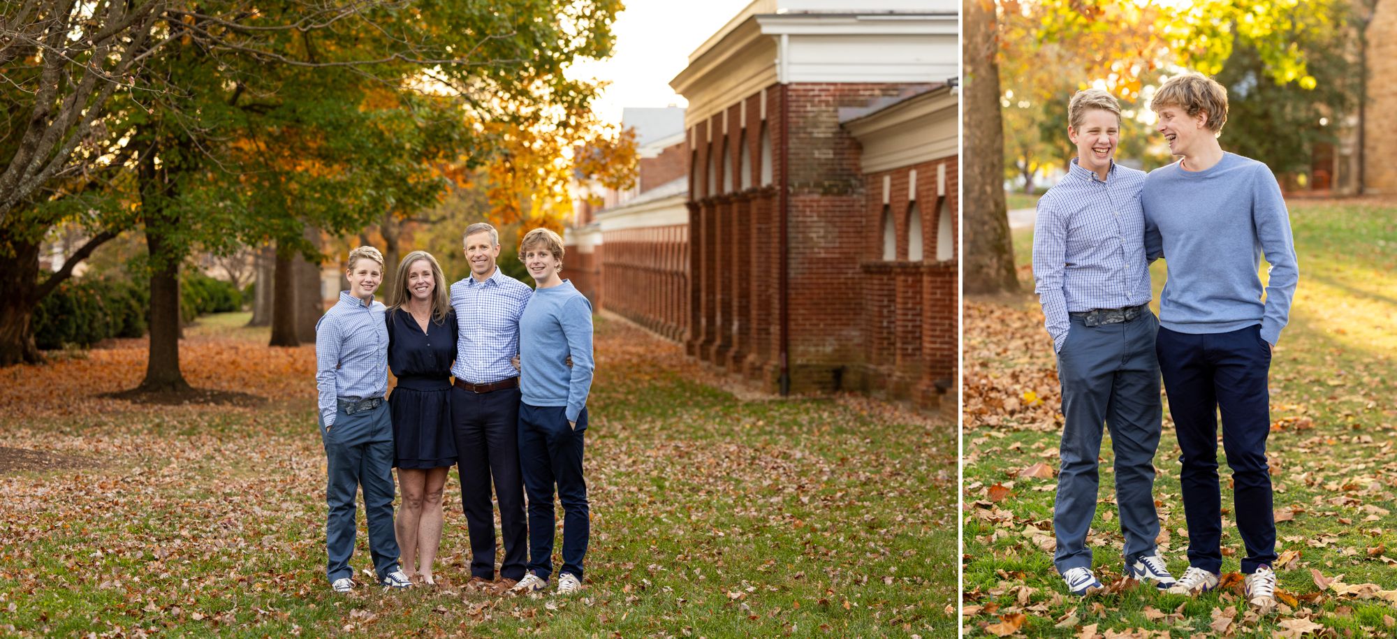 A family of four poses for their fall family portraits at UVA in Charlottesville, Virginia during golden hour