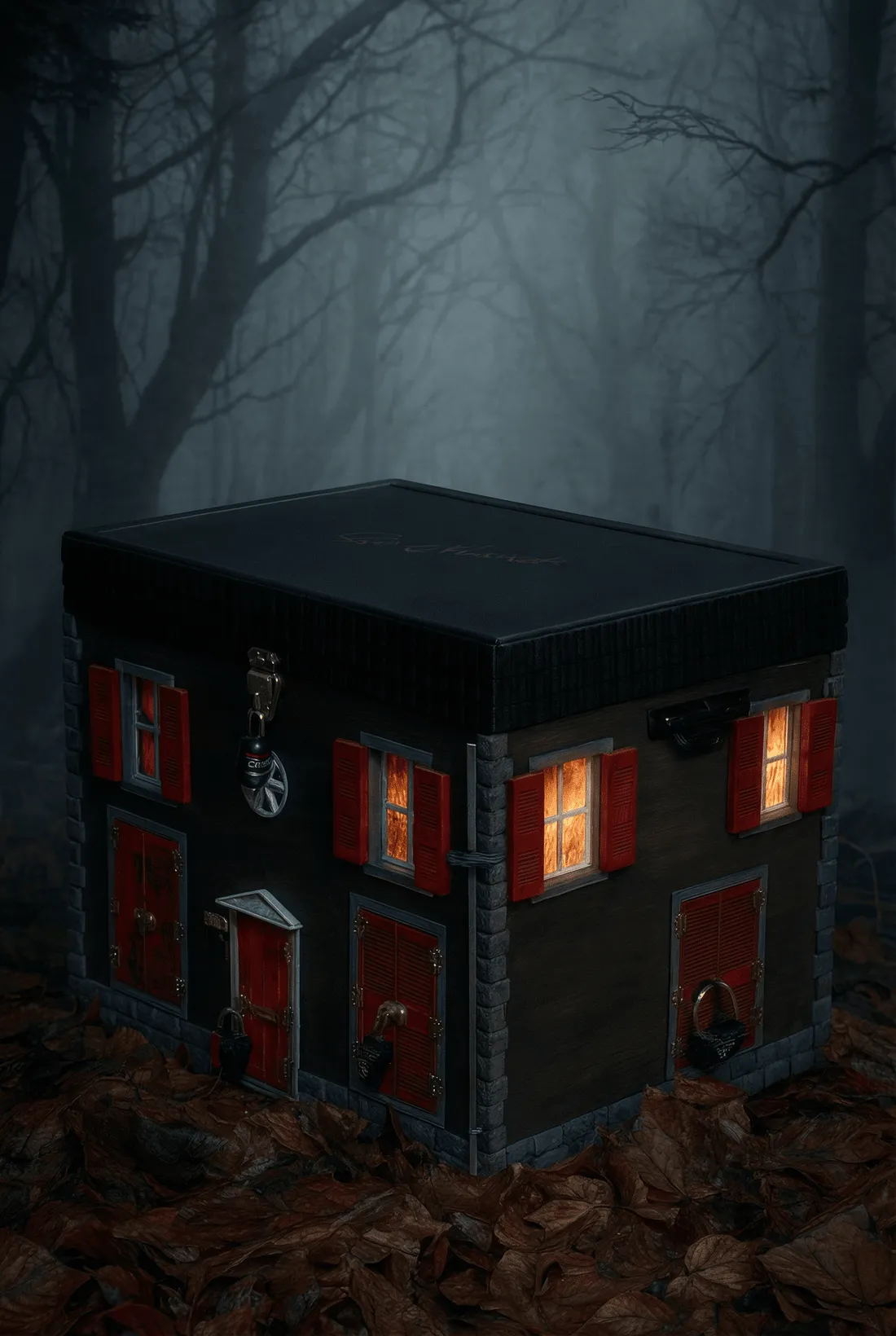 Boîte décorative en forme de maison avec des volets rouges, fenêtres, et plusieurs cadenas.