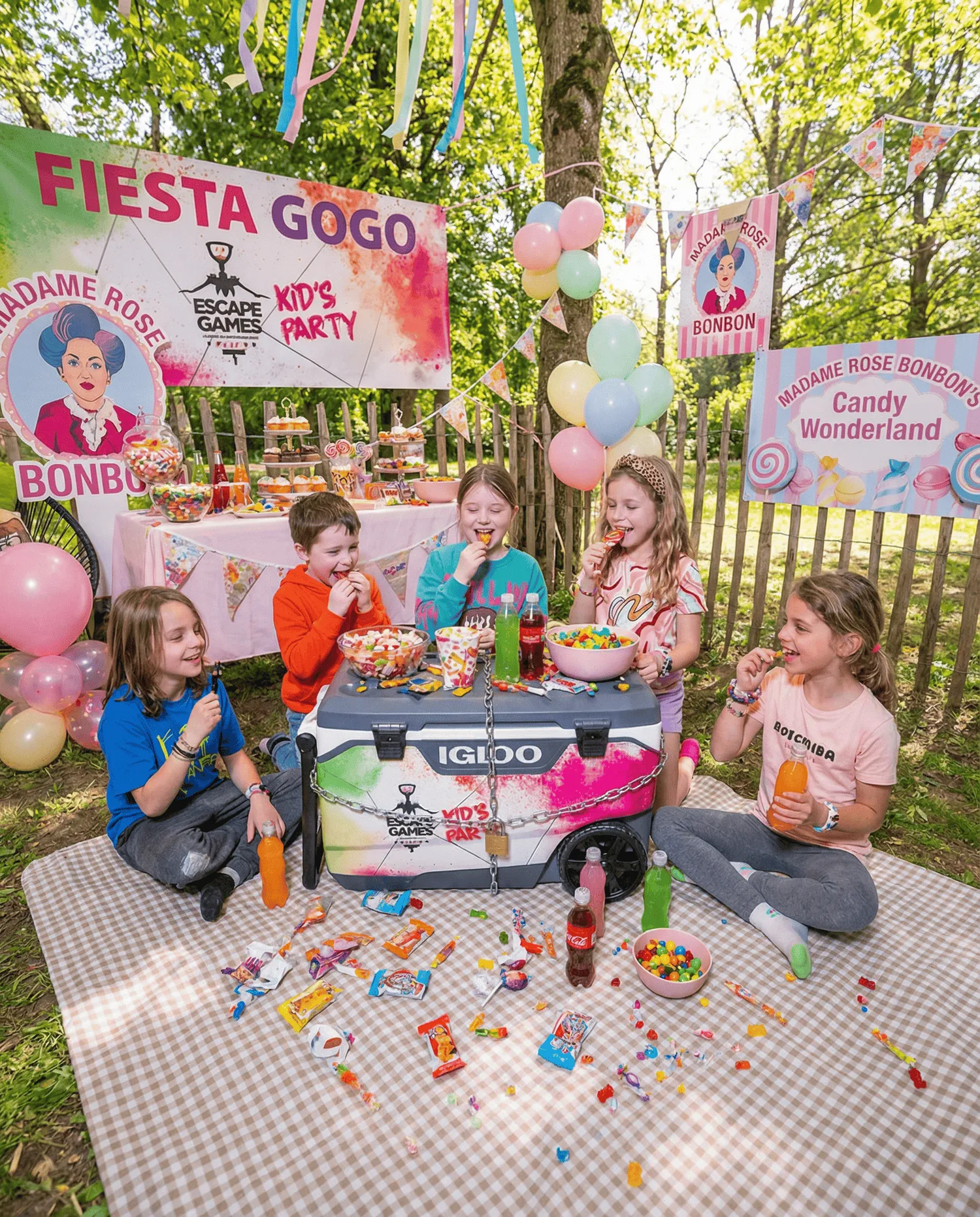 Cinq enfants souriants portant des lunettes colorées posent derrière une glacière décorée 'Escape Games Kids Party' dans un salon lumineux.
