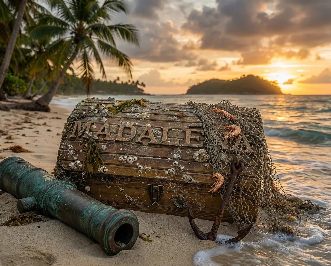 Coffre en bois avec le mot « MADALÊNA » gravé, posé sur une plage avec un palmier et une petite île en arrière-plan.