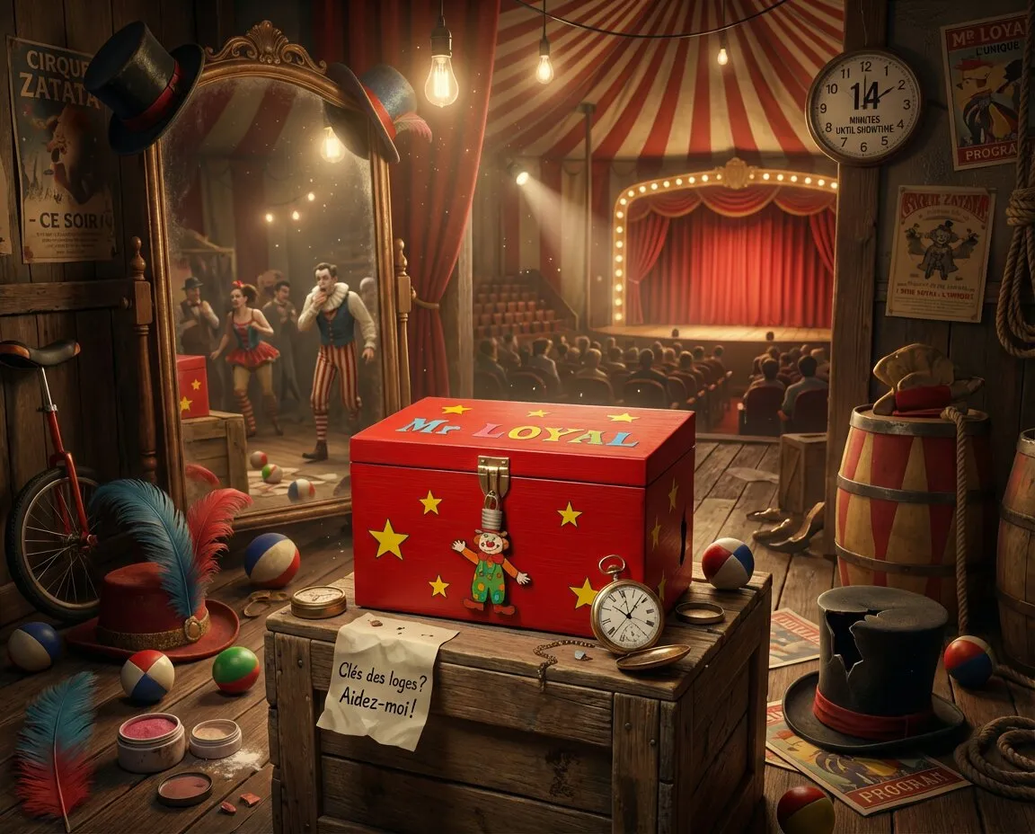 Boîte rouge décorée d’étoiles jaunes avec un fermoir en forme de clown et l’inscription colorée Mr LOYAL.