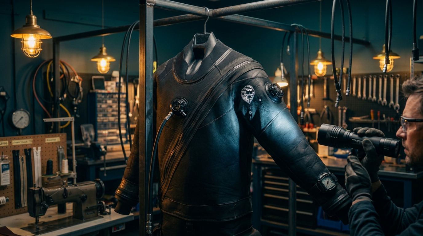Drysuit diagnostic pressure testing in workshop