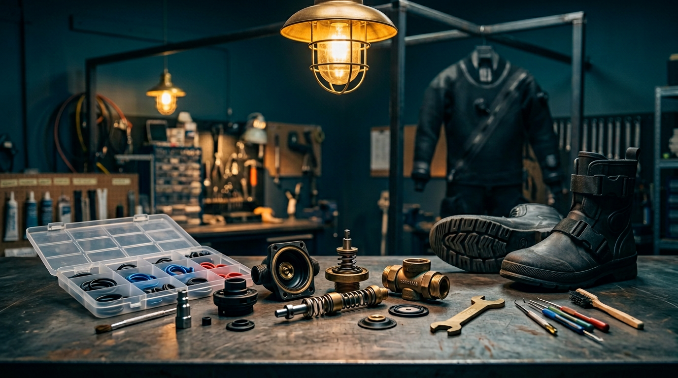 Drysuit valve hardware and rock boots on workbench