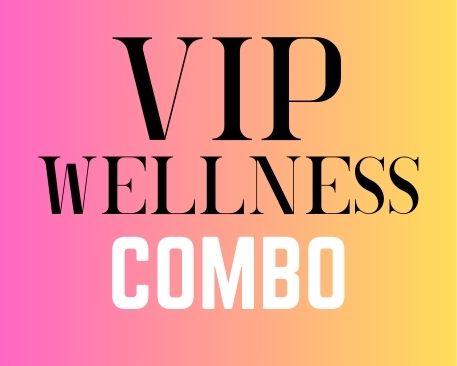 Text reading 'VIP Wellness Combo' on a pink to yellow gradient background.