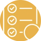 Three white checklist icons with check marks aligned vertically on an orange background, a large partial white circle on the right side, and three white horizontal lines next to each checklist.