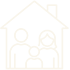 White line drawing of a house with two simplified human figures inside representing a family.