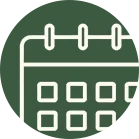 Close-up of a simple calendar icon with rows of square date boxes and two loops at the top representing binding rings.